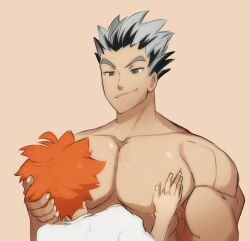 big_pecs bokuto_koutarou chest_hair gay grabbing_head grabbing_pecs grey_hair haikyuu!! head_grab lilprincyvi male male_nipple_sucking male_nipples male_only nipple_sucking nipples orange_hair pecs_grab shoyo_hinata