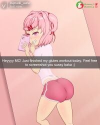 1girls ass bike_shorts doki_doki_literature_club english_text grin latnemis natsuki_(doki_doki_literature_club) phone pink_hair selfie solo workout