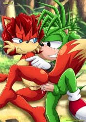 1boy 1girls anal animal_ears archie_comics breasts female fiona_fox furry looking_at_another male manic_the_hedgehog mobius_unleashed palcomix penis pussy red_hair semen sex short_hair sonic_(series) sonic_the_hedgehog_(archie) sonic_underground tail upset