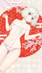 1girls bare_legs blush bra bra_lift cherry_blossoms eyebrows_visible_through_hair female female_only flower hataraki_kuma looking_at_viewer navel open_mouth original original_character short_hair solo solo_female thighs underwear white_bra white_hair white_underwear