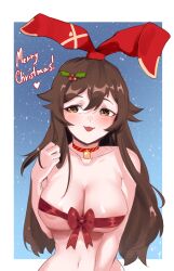 2021 amber_(genshin_impact) blush brown_hair christmas detectiveneko genshin_impact large_breasts long_hair