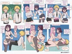 1boy 1girls 2girls chains chainsaw_man choker comic competition cunnilingus cute denji_(chainsaw_man) dialogue facesitting fringe green_eyes grinding horns licking_anus licking_ass lingerie mappa oral petite pink_hair playerrott power_(chainsaw_man) purple_hair reverse_spitroast reze_(chainsaw_man) spanish_text straddling teenager text threesome tied_hair translated