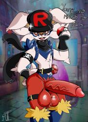 absurd_res anthro ball_tuft balls big_balls big_penis blue_body blue_fur buckteeth cheek_tuft cinderace clothing ear_piercing ear_ring elbow_tufts erection facial_tuft fingerless_gloves fur genitals gloves handwear hat headgear headwear hi_res huge_balls huge_cock humanoid_genitalia humanoid_penis lagomorph leporid looking_at_viewer male male_only mammal mrt0ony nintendo open_mouth open_smile pawpads paws penis piercing pink_pawpads pokémon_(species) pokeball pokemon pokemon_(species) pubes rabbit red_body red_fur scarf smile solo solo_male team_rocket teeth tuft vein veiny_penis video_games white_body white_fur yellow_body yellow_fur