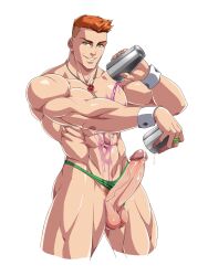 1boy abs absurdres bara clothing_aside cocktail_shaker commission cum dc_comics ejaculation erection green_eyes green_lantern_(series) green_male_underwear guy_gardner highres jewelry large_pectorals looking_at_viewer male_focus male_underwear male_underwear_aside muscular muscular_male navel necklace nipples orange_hair pectorals penis ring sgt_crisis short_hair smile solo solo_male testicles thick_thighs thighs thong undercut underwear wrist_cuffs