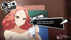 1girls atlus dialogue fappuccino game_ui haru_okumura large_breasts nude persona persona_5 pink_hair text