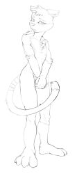 anthro balls biped black_and_white chest_tuft covering covering_crotch dipstick_tail domestic_cat elbow_tufts eyebrows felid feline felis front_view genitals gloves_(marking) hair half-closed_eyes hi_res inner_ear_fluff leg_markings looking_at_viewer male mammal markings monochrome narrowed_eyes oselotti plantigrade short_hair shoulder_tuft signature socks_(marking) solo standing striped_markings striped_tail stripes tail_markings tuft