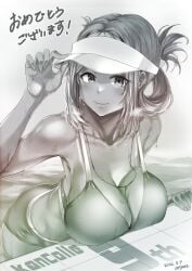 alternate_costume anniversary attyon bikini blush breasts cleavage dated female folded_ponytail greyscale hand_on_headwear hat highres kantai_collection katori_(kantai_collection) large_breasts looking_at_viewer monochrome partially_submerged ponytail sagging_breasts shiny shiny_skin signature smile solo swimsuit visor_cap water wet whistle whistle_around_neck