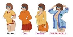 1girls big_breasts breasts brown_hair cleavage curtain_call_challenge eyewear female glasses hanna-barbera human meme multiple_poses negavegan no_pants open_robe outerwear pale_skin panties scooby-doo solo sweater velma_dinkley white_panties