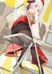 against_glass ass ass_on_glass ass_visible_through_thighs azur_lane bare_shoulders belfast_(azur_lane) belfast_(shopping_with_the_head_maid)_(azur_lane) black_thighhighs cameltoe chair cyanide-whale eyebrows_visible_through_hair hair_ornament hair_ribbon hat high_heels long_hair looking_at_viewer looking_back looking_down mini_skirt outfit pantyhose sitting sitting_on_chair sweater transparent_seat underwear white_hair