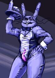 anthro beverage bow_tie breasts buckteeth bunny_costume bunnysuitconman clothing costume cuffs_(clothing) five_nights_at_freddy's five_nights_at_freddy's:_help_wanted five_nights_at_freddy's_vr:help_wanted genitals glitchtrap gradient_background hand_on_hip hi_res holding_tray lagomorph leporid looking_at_viewer low-angle_view male male_only mammal penis penis_tentacles plushie portrait purple_eyes rabbit rabbit_ears scottgames simple_background smile smirk smug solo stitch_(sewing) tapering_penis teeth tentacle thick_thighs three-quarter_portrait translucent translucent_clothing tray video_games whiskers