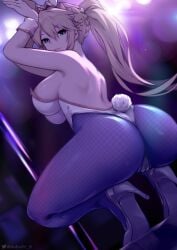 1girls 2022 ahoge armpits arms_up artoria_pendragon artoria_pendragon_(swimsuit_ruler) ass backless_outfit blonde_hair breasts bunny_ears bunny_girl bunny_pose bunny_tail bunnysuit fate/grand_order fate_(series) female female_only green_eyes heels hi_res huge_ass huge_breasts long_hair queasy_s squatting stripper_pole thick_thighs thighs tights