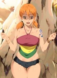 1girls big_breasts breasts brown_eyes cleavage curvy female female_only low_twintails nami one_piece one_piece_film_strong_world orange_hair rocks short_hair short_shorts short_twintails shoulder_tattoo sky solo stayaliveplz surprised tank_top tattoo thick_thighs tied_hair tight_clothing