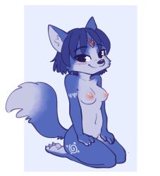 2018 anthro areola bedroom_eyes blue_background blue_fur blue_hair blush border breasts canine dipstick_tail female fox fuel_(artist) fur hair half-closed_eyes headdress kneeling krystal looking_at_viewer mammal markings multicolored_tail navel nintendo nipples nude seductive seiza simple_background sitting smile solo star_fox tribal_markings video_games white_border