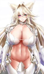 absurdres ahoge angel_wings animal_ears blonde_hair breasts cowboy_shot elbow_gloves eyebrows_visible_through_hair female female gloves green_eyes hair_intakes heterochromia highres huge_breasts long_hair looking_at_viewer low_wings minarai_tenna monster_girl original red_eyes shrug_(clothing) smile solo turtleneck wings