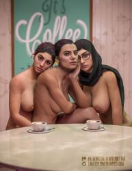 3d 3dx 3girls arabian big_breasts blender breasts call_of_duty call_of_duty_modern_warfare call_of_duty_modern_warfare_2 celebrity claudia_doumit crossover cuddling daz_studio dina_(the_last_of_us) farah_karim female female_only glasses harem hi_res highres hijab large_breasts makeup mia_khalifa middle_eastern milf modern_warfare_(2019) muslim muslim_female porn_star realistic sitting table tea_cup the_last_of_us the_last_of_us_2 trio vforvendettav