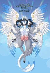 1futa 2022 6_arms 6_breasts 6_wings after_transformation angel anthro avian beak big_breasts breasts canid dialogue digital_media_(artwork) dragon english_text feathered_wings feathers flying fur futanari genitals grey_body grey_fur halo hooves horn hybrid intersex mammal multi_arm multi_breast multi_eye multi_limb multi_wing nipples penis simple_background smile solo strawberrytfs teats text udders wings