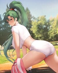 1girls ass azto_dio ball bangs baseball baseball_mitt big_ass blurry blurry_background blush breasts female female_only fire_emblem fire_emblem:_the_blazing_blade green_eyes green_hair holding holding_ball large_breasts leaning_forward long_hair looking_at_viewer lyn_(fire_emblem) midriff nintendo outdoors parted_lips patreon_username pitching ponytail revision shirt short_sleeves shorts solo thighs very_long_hair web_address white_shirt white_shorts