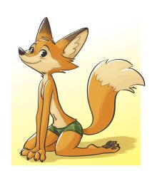 2018 anthro blush border boxer_briefs canine cheek_tuft claws clothed clothing darma dipstick_tail dripstick_ears female flat_chest fox fuel_(artist) fur furry furry_only gradient_background head_tuft kneeling looking_at_viewer mammal multicolored_tail nipples pawpads rock_dog simple_background smile solo tail toe_claws topless tuft underwear white_border