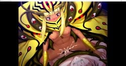 blonde_hair blush cum_in_pussy cumshot dark-skinned_female dark_skin dieselmine female_on_top hastur medium_breasts monmusu_conquered_world mosaic_censoring red_eyes riding_penis screenshot sex surprised surprised_expression visual_novel