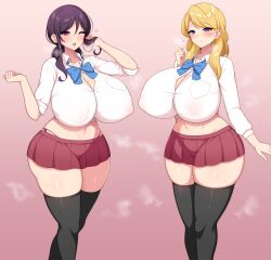 2girls aikome_(haikome) beauty_mark blonde_hair blush breasts button_gap female female_only haikome hips huge_breasts long_hair looking_at_viewer mari_(haikome) massive_breasts mature_female microskirt midriff milf mole_on_breast original original_character purple_eyes purple_hair school_uniform shizuka_(haikome) short_skirt skindentation skirt slim_waist smile straining_buttons thick_thighs thighhighs thighs too_small_clothes white_background wide_hips