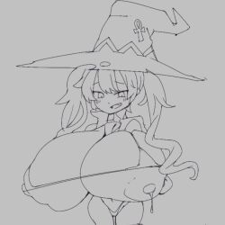 character_request greyscale huge_breasts kemomoz monochrome original_character sketch witch_hat