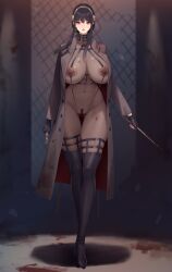 1girls assassin big_breasts black_hair bodystocking coat daye_bie_qia_lian female_pervert large_breasts long_hair nipple_piercing pubic_hair red_eyes solo spy_x_family stiletto_(weapon) thigh_boots thorn_princess weapon yor_briar