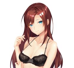 ayase_hazuki bangs bare_shoulders black_bra blue_eyes blush bra breasts cleavage closed_mouth eyebrows_visible_through_hair female female_focus game_cg hand_up koshimizu_yuki light_blush long_hair looking_at_viewer medium_breasts mole mole_under_eye original red_hair simple_background smile solo sugarkiss! transparent_background underwear underwear_only upper_body