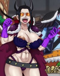 abs beast_pirates_(cosplay) big_breasts big_nipples cameltoe disguise female gloves horns jinbe male muscular_female nico_robin nipple_slip one_piece orange-tinted_eyewear screencap screenshot_edit skimpy sunglasses tinted_eyewear ttrop