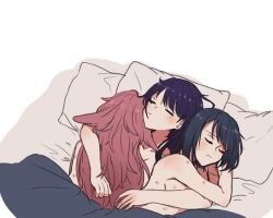 3girls after_sex after_sex_cuddling after_threesome aftercare closed_eyes cowgirl_position cuddling embrace embracing female female_only fox_ears fox_girl genshin_impact hickey hickey_marks hickeys in_bed indigo_hair kujou_sara long_hair mole_under_eye naked nude nude_female pink_hair purple_hair raiden_shogun short_hair sleeping sleeping_on_person threesome wholesome yae_miko yuri