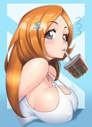 apron big_breasts bleach breasts busty castell cleavage curvaceous curvy curvy_body curvy_female curvy_figure drinking female female_only huge_breasts inoue_orihime long_hair naked_apron orange_hair solo solo_female solo_focus straw voluptuous