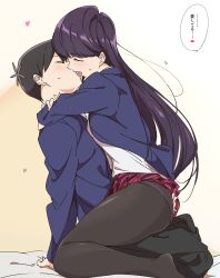 1boy 1girls black_hair black_legwear canon_couple closed_eyes couple embrace female french_kiss french_kissing from_side hand_on_another's_ass hug human japanese_text kissing komi-san_wa_komyushou_desu komi_shouko leggings long_hair long_sleeves male no_shoes on_bed panties panties_under_pantyhose pantyhose plaid plaid_skirt purple_hair red_skirt school_uniform sitting sitting_on_lap sitting_on_person skirt skirt_lift straight sweat tadano_hitohito text tongue tongue_out translated umanosuke underwear white_sheets wholesome