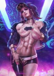 1girls abs akali asymmetrical_legwear belt blue_eyes breasts covering_breasts female fingerless_gloves gloves hat innie_belly_button jewelry k/da_akali k/da_series league_of_legends long_hair monorirogue purple_hat pussy solo torn_clothes