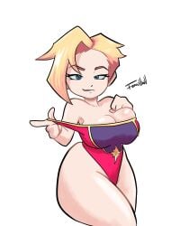 1girls biting_lip blonde_hair blue_eyes captain_marvel carol_danvers cleavage clothing_pull fanartsu female female_only franarts_uwu fransart large_breasts looking_at_viewer marvel marvel_comics solo thick_thighs