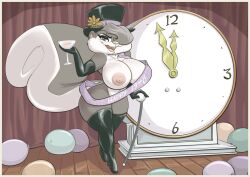 2017 animaniacs anthro areola armwear balloon big_breasts breasts buckteeth casual clock clothing exposed_torso female hair hair_over_eye hat headwear holding_glass holding_object holidays joelasko legwear looking_at_viewer mammal new_year nipples open_mouth rodent slappy_squirrel solo squirrel teeth top_hat warner_brothers