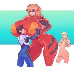 1boy 2022 2girls amazon asuka_langley_sohryu between_breasts breasts breasts_bigger_than_head clothing color eye_patch giantess gigantic_breasts holding_hands huge_ass huge_breasts interlocked_fingers intertwined_fingers large_breasts larger_female lowroad male misato_katsuragi n647 neon_genesis_evangelion nipple_bulge plugsuit shinji_ikari size_difference smirking smothering thick_thighs thin_waist voluptuous wide_hips