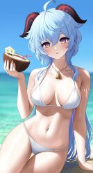 1girls beach bikini blue_hair blush breasts coconut coconut_drink cowbell curvaceous curvy curvy_figure female female_only ganyu_(genshin_impact) genshin_impact goat_horns hi_res horn kohanayuki large_breasts looking_at_viewer monster_girl navel necklace pale-skinned_female pale_skin purple_eyes thigh_gap wet white_bikini