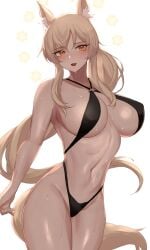 360_(taiyo360) :d absurdres animal_ear_fluff animal_ears arknights bikini black_bikini black_swimsuit blonde_hair blush breasts cowboy_shot eyebrows_visible_through_hair female female highres horse_ears horse_girl horse_tail large_breasts looking_at_viewer navel nearl_(arknights) o-ring o-ring_bikini open_mouth simple_background smile solo stomach swimsuit tail wet white_background yellow_eyes