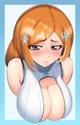 1girls big_breasts bleach blush blushing breasts busty castell cleavage curvaceous curvy curvy_body curvy_female curvy_figure female female_only hanging_breasts huge_breasts inoue_orihime long_hair looking_at_viewer orange_hair pout solo solo_female solo_focus voluptuous