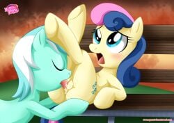 2girls anus bbmbbf blush bonbon_(mlp) closed_eyes equestria_untamed female female/female female_only friendship_is_magic hasbro licking licking_pussy lyra_heartstrings_(mlp) my_little_pony open_mouth palcomix sex smooth_skin tongue tongue_out yuri