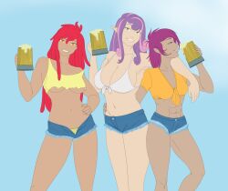 3girls abs aged_up amber_eyes apple_bloom_(mlp) beer beer_mug cleavage cutoffs elf elf_ears eve-ashgrove friendship_is_magic green_eyes huge_breasts humanized large_breasts lavender_hair long_hair looking_at_viewer medium_breasts multicolored_hair my_little_pony pink_hair pointy_ears purple_eyes purple_hair red_hair scootaloo_(mlp) short_hair smooth_skin sweetie_belle_(mlp) tanned