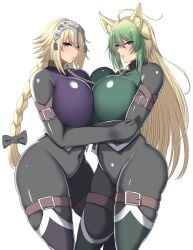 2girls animal_ears ar_(lover_boy) asymmetrical_docking atalanta_(fate) blonde_hair breasts chain fate/apocrypha fate/grand_order fate_(series) huge_breasts jeanne_d'arc_(fate) standing tagme