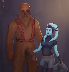 1boy 1girls alien anthro big_penis blue_skin erection female holding_penis inquisitorspurius interspecies knights_of_the_old_republic looking_at_partner mission_vao penis star_wars twi'lek wookiee zaalbar