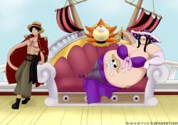 1000_sunny bbw belly_expansion big_breasts boa_hancock fat_woman female gigantic_breasts jolly_roger jolly_roger_(one_piece) jolly_roger_tattoo_(one_piece) m-a-v-e-r-i-c-k male monkey_d_luffy one_piece painted_belly pirate pirate_hat straw_hat