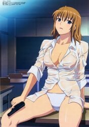 00s 1990s_(style) 1girls absurdres agent_aika aika_sumeragi aika_zero arm_support big_breasts blouse breasts brown_hair cleavage collared_shirt copyright_name covered_erect_nipples curvy dress_shirt eyebrows_visible_through_hair female female_only gun handgun highres huge_filesize human indoors large_breasts light-skinned_female light_skin looking_at_viewer medium_hair megami_magazine navel no_bra official_art open_clothes open_shirt panties parted_lips pistol retro_artstyle school_desk see-through shiny shiny_skin shirt short_hair sitting solo solo_female straight_hair thick_thighs trigger_discipline underwear weapon wet wet_clothes wet_shirt white_panties white_shirt wide_hips yamauchi_noriyasu