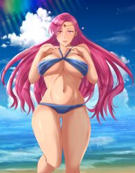 1girls 2022 alternate_costume ass_visible_through_thighs bare_legs beach bikini blue_bikini blue_swimsuit breasts brunnya_(fire_emblem) day female female_only fire_emblem fire_emblem:_the_binding_blade huge_breasts long_hair nintendo ocean outdoors purple_eyes purple_hair redraw rinku_bny smile solo swimsuit underboob very_long_hair villain violet_eyes violet_hair