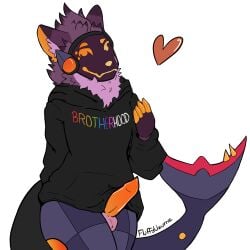 anthro balls biscus claws clothing erection fluffy_uzume fur genitals heart hi_res hoodie looking_at_viewer machine male orange_penis penis pink_body pink_fur protogen purple_body purple_fur rainbow_text robotic_tail shark_tail smile solo submissive submissive_male text text_on_clothing topwear visor