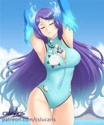 1girls armpits beach big_breasts breasts brighid_(xenoblade) busty cleavage core_crystal covered_navel cslucaris fire large_breasts nintendo pose purple_hair smile swimsuit thick_thighs water xenoblade_(series) xenoblade_chronicles_2