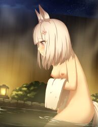 absurdres animal_ears areolae bangs blunt_bangs blush breasts female happy_meek_(umamusume) highres horse_ears horse_girl konkon_(fhzw4228) medium_breasts medium_hair night night_sky nipples nude onsen outdoors pink_eyes silver_hair sky solo steam towel umamusume umamusume_pretty_derby