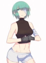 1girls abs bandage blue_eyes blue_hair cameltoe clothed female female_focus female_only fit fit_female gloves laarian muscular muscular_female scar sei_asagiri short_hair shorts sports_bra sports_shorts sportswear va-11_hall-a