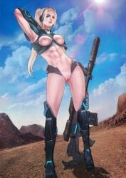 abs blizzard_entertainment blonde_hair breasts female goggles goggles_on_head long_hair monorirogue nova_(starcraft) pussy sniper_rifle solo standing starcraft starcraft_2 tactical_nudity toned weapon